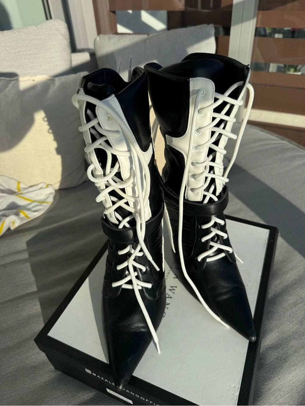 Black & White Lace-Up Pointed Stiletto Boots by Azaïa Wang - Picture 3 of 6
